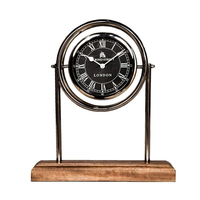 Ssh Collection Bond Street 36cm Tall Desk Clock With Round Black Face - Timber And Nickel