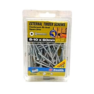 Zenith 8 - 10 x 60mm Galvanised Square Drive Countersunk Ribbed Head Timber Screws - 50 Pack