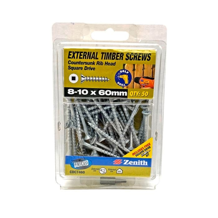 Zenith 8 - 10 x 60mm Galvanised Square Drive Countersunk Ribbed Head Timber Screws - 50 Pack