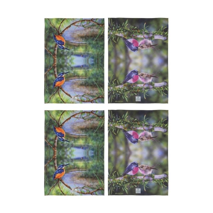 2x 2pc Ashdene Aus Small Birds Kingfisher Robin Kitchen Tea Towels Animal Art