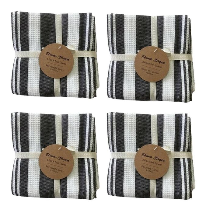 4x3pc Cdsi Eleanor Tea Towel Striped Recycled Cotton Set Grey 50x70cm