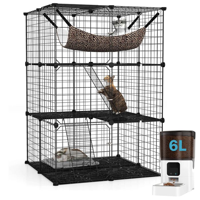 Advwin 3 Tier DIY Cat Cage Enclosure + 6L Smart Pet Feeder Dispenser Wi-Fi App