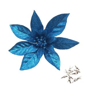 Catzon 12 Pcs Glitter Christmas Flowers with Clips Artificial Poinsettia-Blue