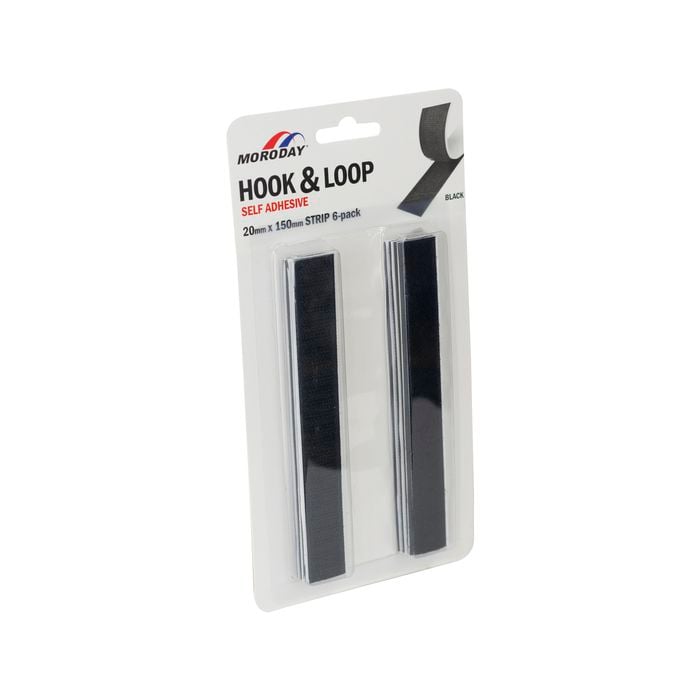 Moroday 20 x 150mm Black Hook And Loop Self Adhesive Strip - 6 Pack