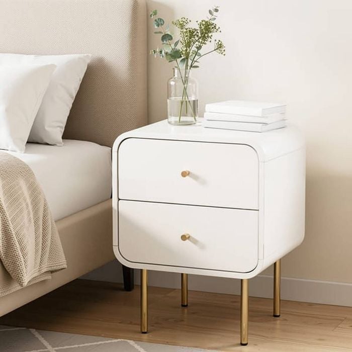 Homfurn 2-drawer Bedside Table – Side End Table, Nightstand, Metal Legs, Rounded Corners, Easy Assembly，white