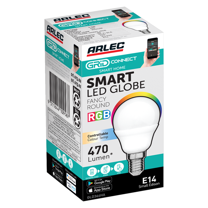Arlec Grid Connect Smart E14 LED 470lm RGB Colour Changing 5.5W Fancy Round Globe