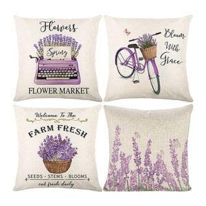 Catzon 4 Pcs Lavender Throw Pillow Covers Linen Summer Cushion Case for Sofa