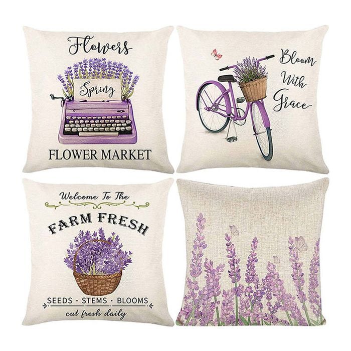Catzon 4 Pcs Lavender Throw Pillow Covers Linen Summer Cushion Case for Sofa