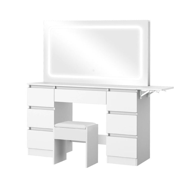 Oikiture Dressing Table Stool Set with LED Makeup Mirror 7 Drawers