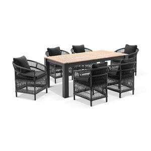 Balmoral 1.8m Outdoor Teak Top Aluminium Table Charcoal With 6 Watego Malawi Style Chairs & Cushions