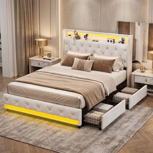 Ufurniture Upholstered Bed Frame Luxury Crystal Button Tufted Headboard with LED Lights and Storage Drawer Queen Bed Beige