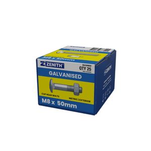 ZENITH M8 x 50mm Hot Dip Galvanised Cup Head Bolts & Nuts - 25 Pack