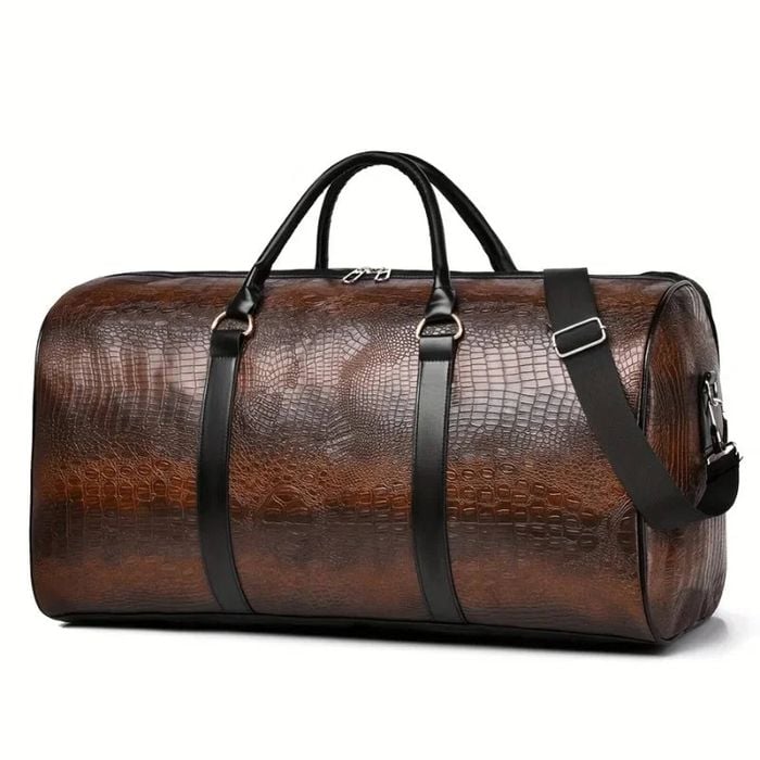 Retro Crocodile-texture Travel Bag Brown