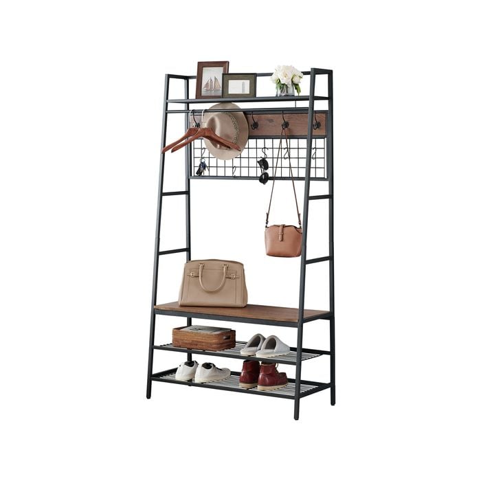 IHOMDEC 5-In-1 Hall Tree with Storage Bench & Hooks Brown