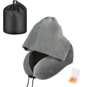 Catzon Travel Neck Pillow with Hood Memory Foam for Neck Support-Plush-Grey