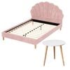 Artiss Double Bed Frame and Round Coffee Table Set Pink Velvet Bedhead with Wooden Side Table