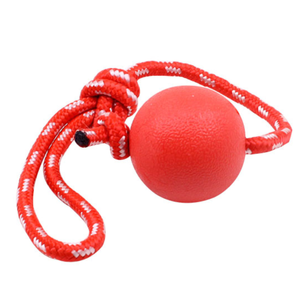 Heavy Duty Dog Toy Rubber Ball w/ Rope Throw Tug Pull Tough Chew Strong in Red