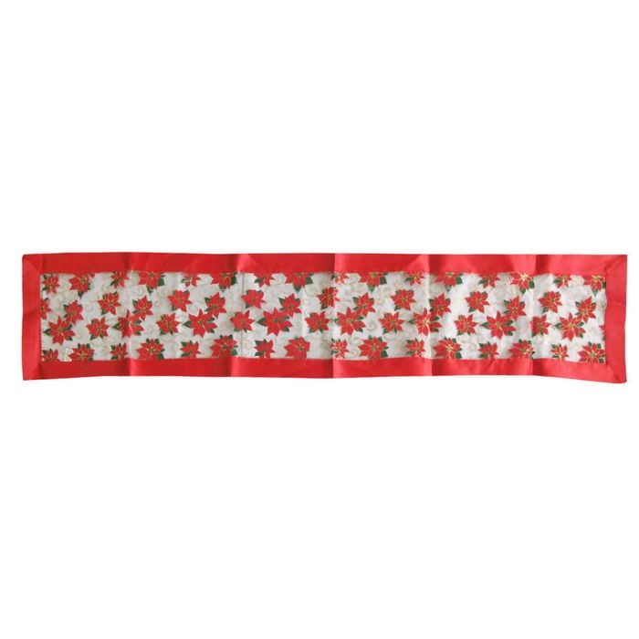 Red Poinsettia Sheer Organza Glitter Table Runner 40 x 183 cm Red