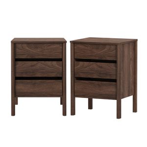 Oikiture 2x Bedside Table 3 Drawers Side Table Nightstand Handle-free Walnut