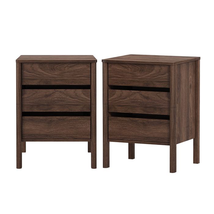 Oikiture 2x Bedside Table 3 Drawers Side Table Nightstand Handle-free Walnut