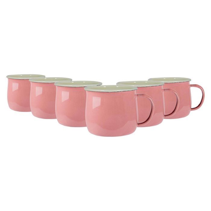 Argon Tableware 375ml Enamel Belly Mugs - Pink/cream - Set Of 6 Metal Drinking Cups Coffee Teacup Mug Set Hot, Cold Drinks Cups
