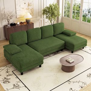Advwin 280cm 4 Seater Sectional Sofa Corduroy Fabric U Shape Couch Modern Sofa Couch with Double Chaise Green