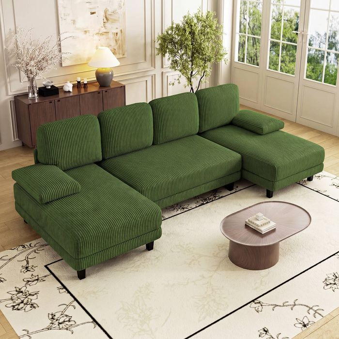 Advwin 280cm 4 Seater Sectional Sofa Corduroy Fabric U Shape Couch Modern Sofa Couch with Double Chaise Green