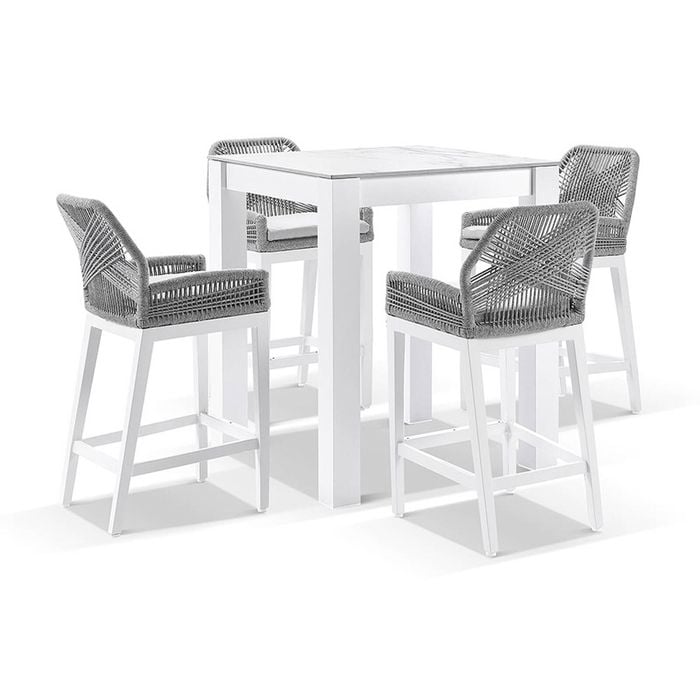 Outdoor Hugo Ceramic Square Aluminium Bar Table with 4 Hugo Rope Bar Stools