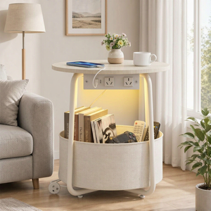 Ufurniture Round Side Table with Charging Station and Storage Basket Sofa End Table Beige