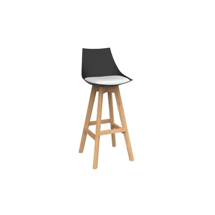 Olg Luna Bar Stool Oak Legs Black Shell White Vinyl Seat Pad