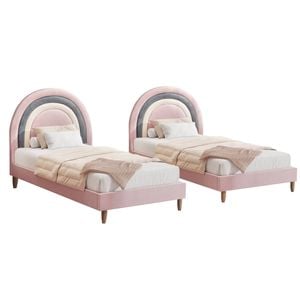 Oikiture 2X Kids Single Velvet Upholstered Bed - Pink