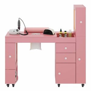 Ufurniture Manicure Table Acetone Resistant with Dust Collector Clear Showcase LED Light Rolling Wheels Pink
