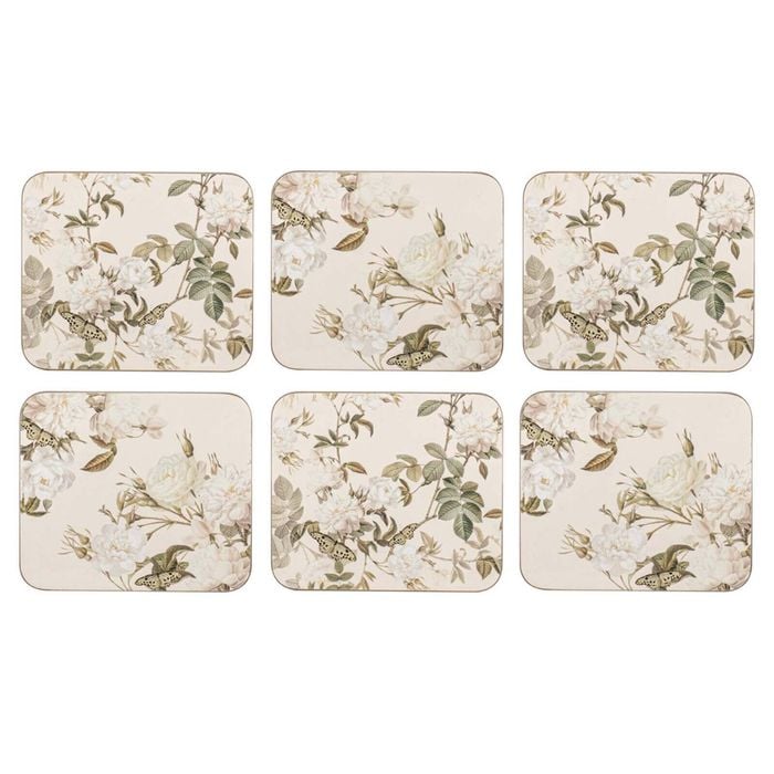 6PK Ashdene Elegant Rose 11cm Hardboard/Cork Coaster Square - Cream
