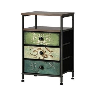 Oikiture Bedside Table Fabric Nightstand 3 Drawers Retro End Table Shelf