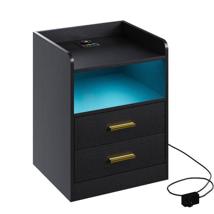 Advwin Bedside Table 2 Drawers LED Nightstand Wireless Charging Station Smart Control Black