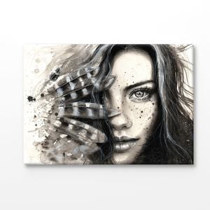 Watercolor Girl With Feathers Print 100% Australian Made 150x100cm (Stretched Canvas)
