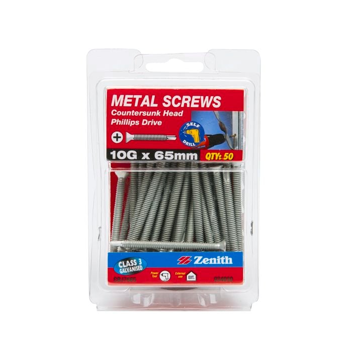 Zenith 10G x 65mm Galvanised Countersunk Head Metal Screws - 50 Pack