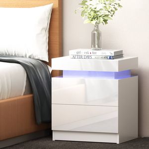 Artiss LED Bedside Table with 2 Drawers & Lift-Up Storage, Remote Control, White Gloss Bedroom Furniture, Easy Assembly