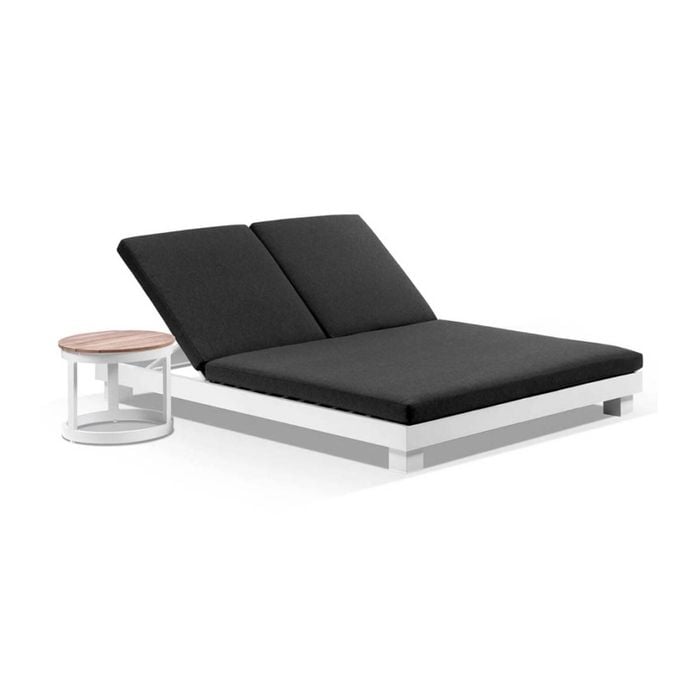 Santorini Double Sun Lounge Round Side Table White & Denim Grey Cushions