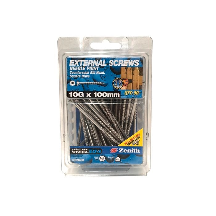 Zenith 10G x 100mm Stainless Steel 304 Square Drive External Screw - 50 Pack