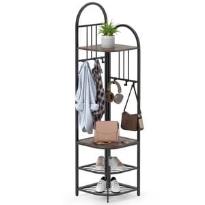 Costway 4-tier Coat Rack 180cm Corner Hall Tree Clothes Organizer Brown