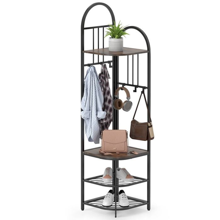Costway 4-tier Coat Rack 180cm Corner Hall Tree Clothes Organizer Brown