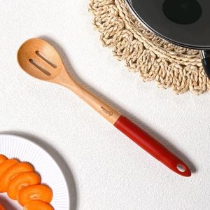 Gourmet Kitchen Rustic Beech Wood Slotted Spoon With Silicone Grip Red 35x6.1x2.8cm