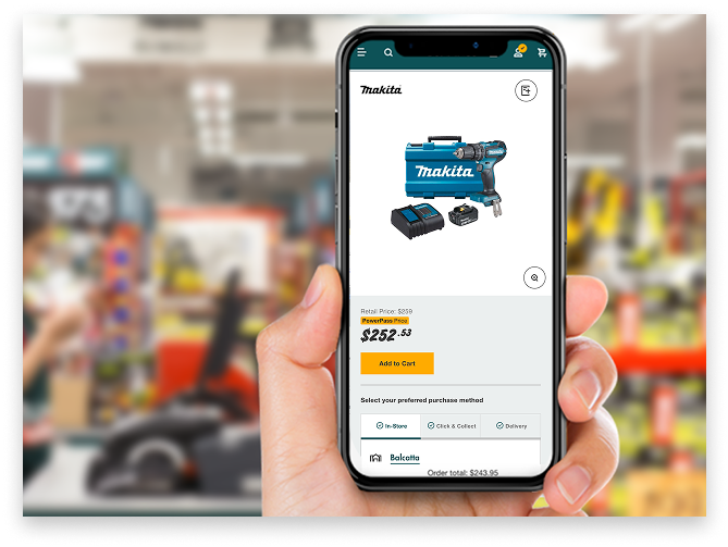 A hand holding a mobile phone showing a drill that they are looking to buy