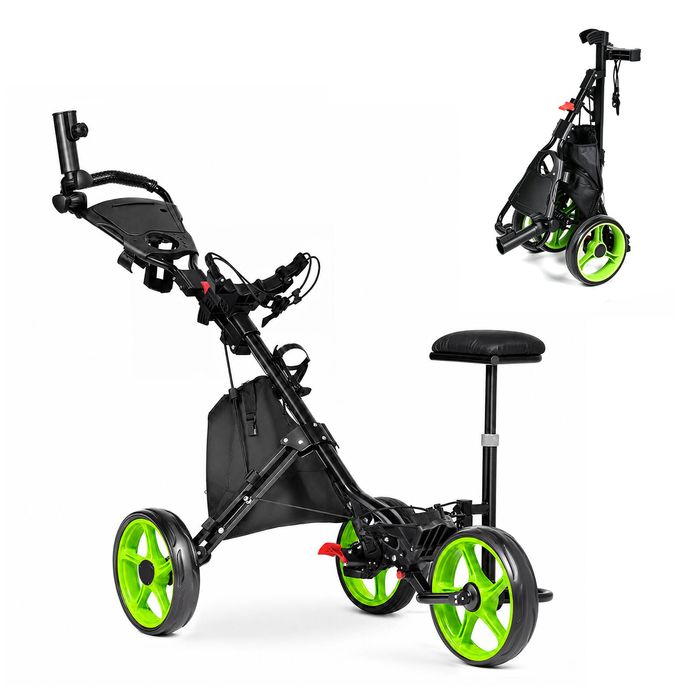 Advwin 3-Wheel Golf Push Cart, Foldable Golf Cart with Adjustable Seat & Handle,Cup Holder,Umbrella Holder,Storage Bag, Push Car