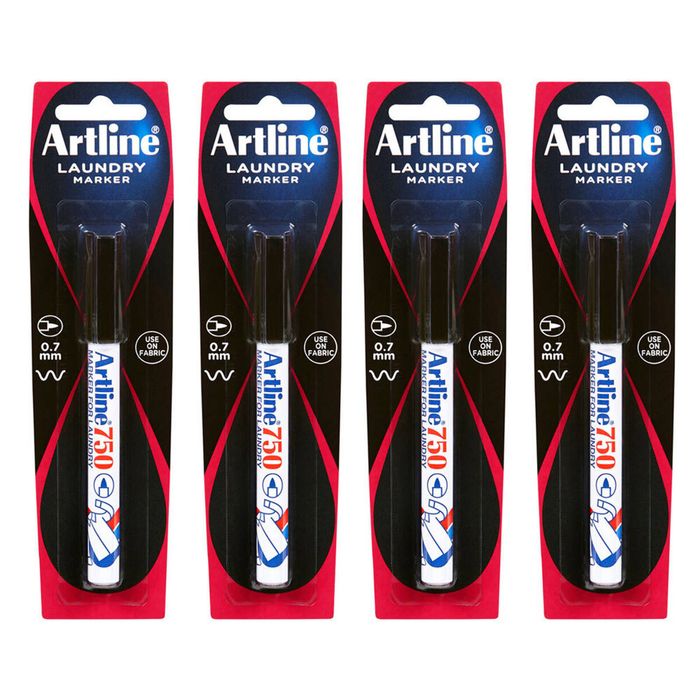 4x Artline 0.7mm Bullet Nib Laundry Marker Cloth/linen/fabric Clothing Pen Black