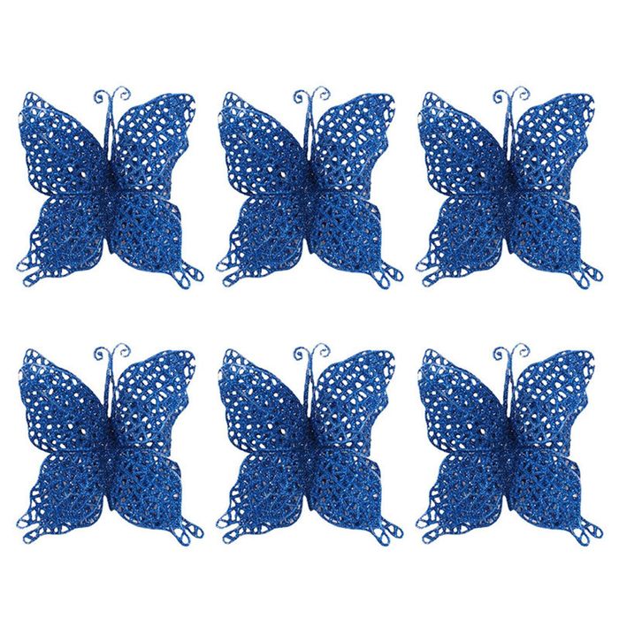 Catzon 6Pcs Glittery Butterfly Ornament with Handles for Christmas-Blue