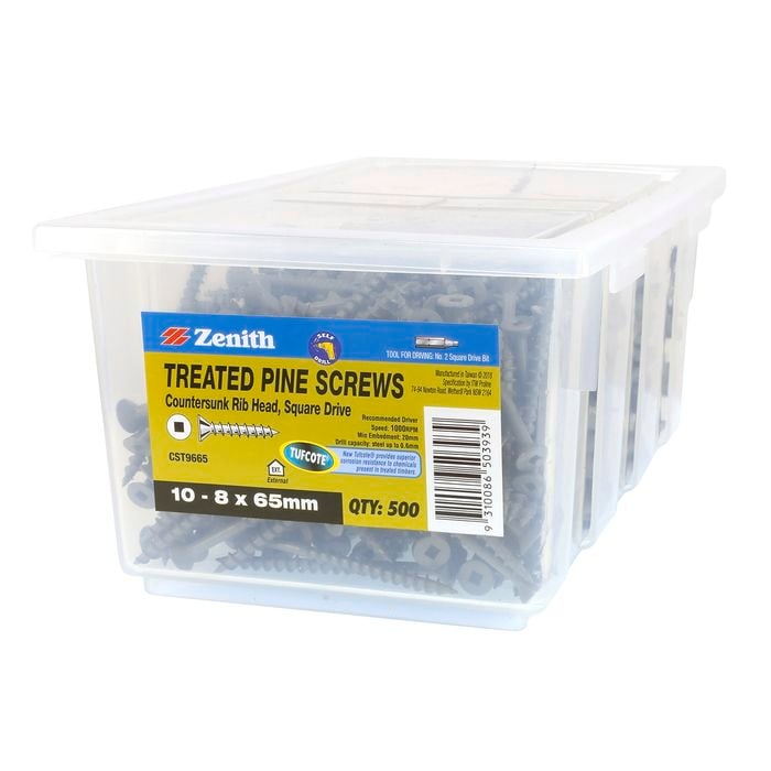 Zenith 10-8 x 65mm Tufcote® Countersunk Rib Head Treated Pine Screws - 500 Pack