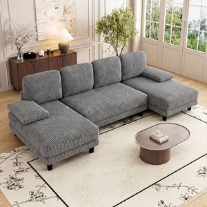 Advwin 280cm 4 Seater Sectional Sofa Corduroy Fabric U Shape Couch Modern Sofa Couch with Double Chaise Deep Grey
