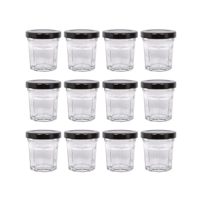 Argon Tableware 30ml Glass Jam Jars With Airtight Black Lids - Set Of 12 Empty Screw Top Kitchen Storage Preserving Jar
